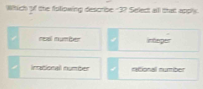 Which of the folllowing desorbe -3? Select all that apply.
real number intager
inational number rational number