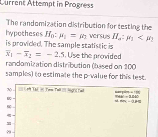 Current Attempt in Progress 
The randomization distribution for testing the 
hypotheses H_0:mu _1=mu _2 versus H_a:mu _1
is provided. The sample statistic is
overline x_1-overline x_2=-2.5. Use the provided 
randomization distribution (based on 100
samples) to estimate the p -value for this test.
70 Left Tail Two-Tail Right Tail samples =100
60
mean =0.040
st. dev, =0.940
50
40
30
20