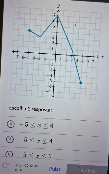 Escolha 1 resposta:
A -5≤ x≤ 6
B -5≤ x≤ 4
c) -5
Pular /erifıcar