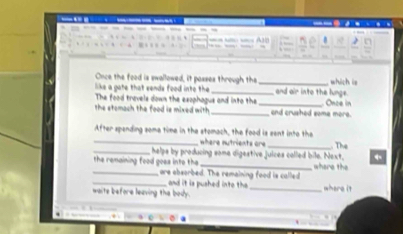 in 
Once the food is swallowed, it passes through the 
like a gate that sends food into the __and air into the lungs. i 
The food travels down the exophagus and into the 
the stomach the food is mixed with __and crushed some more. Once in 
After spending some time in the stomach, the food is sent into the 
_ where nutrients are _The 
_the remaining food goes into the helps by producing some digestive juices called bile. Next, where the 
_are obsorbed. The remaining food is called 
_and it is pushed into the 
wate before leaving the boy . _where it