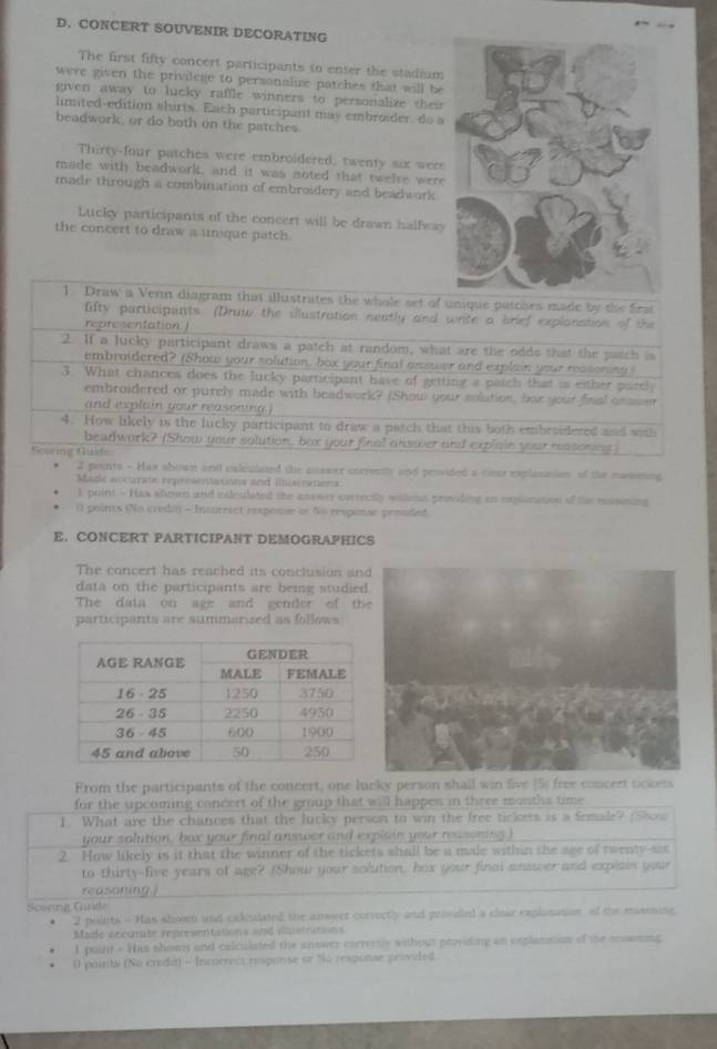 CONCERT SOUVENIR DECORATING
The first fifty concert participants to enter the stadium
were given the privilege to personalue patches that will be
iven away to lucky raffle winners to personalize their
limited-edition shirts. Each participant may embroider. do a
beadwork, or do both on the patches
Thirty-four patches were embroidered, twenty sox were
made with beadwork, and it was noted that twelre were
made through a combination of embroidery and beadwork
Lucky participants of the concert will be drawn halfway
the concert to draw a unique patch.
1. Draw a Venn diagram that illustrates the whole set of unique patches made by the first
fifty participants. (Draw the illustration neatly and write a brief explonation of the
representation. ]
2. If a lucky participant draws a patch at random, what are the odds that the patch i
embraidered? (Show your solution, box your final answer and explain your reasonist 
3. What chances does the lucky participant have of getting a patch that is either parcl
embroidered or purely made with beadwork? (Show your solation, bat your final ansser
an d  espla in  your rea on   
4. How likely is the lucky participant to draw a patch that this both embroidered and with
beadwork? (Show your solution, bex your final answer and explain your reasoning
Rcoring Gade
2 points - Hax shown and calculated the answer correnly and provided a riear explasasies of the masiming
Made accurate representations and illusinations.
I puint - Hax shom and exleulated the answer correctly wideus providing on explonaton of the noscning 
0 poirs (No creda) - Incurrect responie or No response prooded.
E. CONCERT PARTICIPANT DEMOGRAPHICS
The concert has reached its conclusion an
data on the participants are being studied
The data on age and gender of th
participanta are summanzed as follows 
From the participants of the concert, one lucky person shall win five (5) free concert tickers
for the upcoming concert of the group that will happen in three months time
1. What are the chances that the lucky person to win the free tickets is a female? (Show
your solution, bax your final answer and explain your reasoning I
2. How likely is it that the winner of the tickets shall be a male within the ase of twenty-six
to thirty-five years of age? (Shour your solution, hox your final answer and explain your
reasoning.j
Scoeing Cande
2 polnts - Has shown and calculated the answer correctly and provded a clear explonation of the massnine.
Mado accurate representations and iustrations
1 puint - Has shown and calculated the answer carrectly without providing an oxplansin of the erosoming
0 pairts (No credit) - Incorrect response or %o response provided