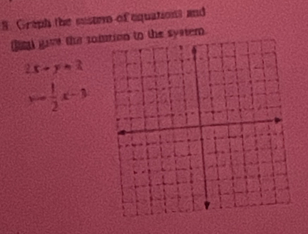 Graph the susur of equationt and
te) give the comtion to the syster
2x-y=2
y= 1/2 x-3