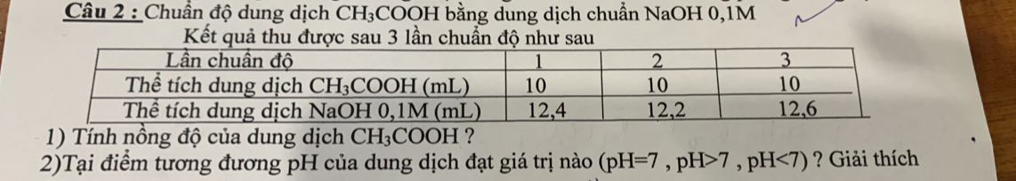 Chuẩn độ dung dịch CH₃COOH bằng dung dịch chuẩn NaOH 0, 1M
Kết quả thu được sau 3 lần chuẩn độ như sau 
1) Tính nồng độ của dung dịch CH₃COOH ? 
2)Tại điểm tương đương pH của dung dịch đạt giá trị nào (pH=7, pH>7, pH<7) ? Giải thích