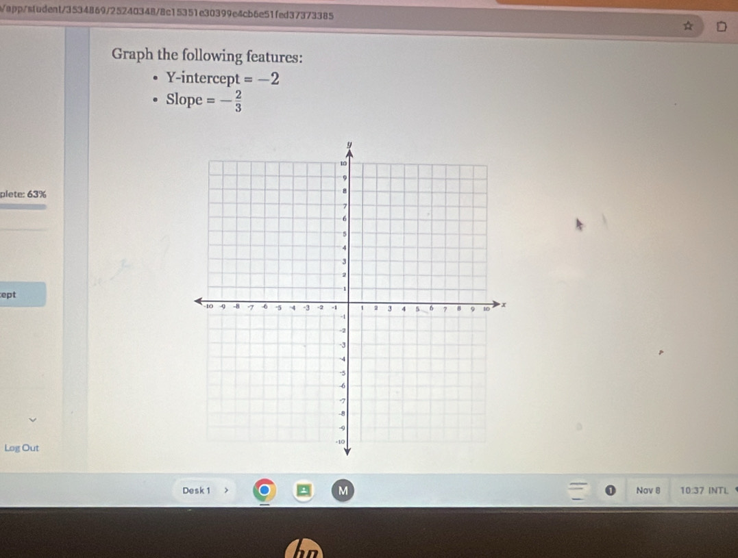 app/student/3534869/25240348/8c15351e30399e4cb6e51fed37373385 
Graph the following features: 
Y-intercept =-2
Slope =- 2/3 
plete: 63% 
ept 
Log Out 
Desk 1 M Nov 8 10:37 INTL