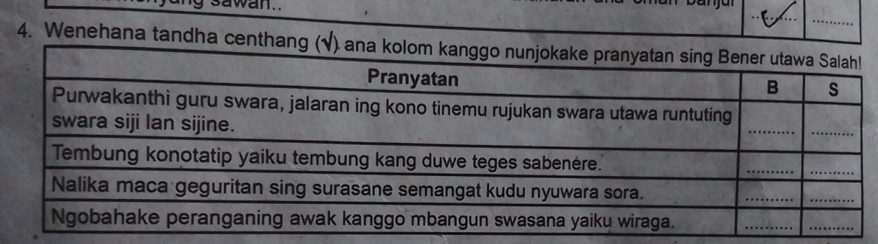 sawan. 
_F 
_ 
4. Wenehana tandha centhang (√) ana