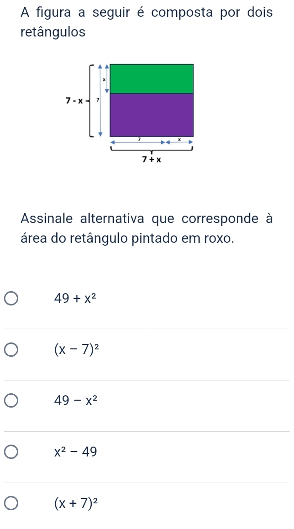 A figura a seguir é composta por dois
retângulos
Assinale alternativa que corresponde à
área do retângulo pintado em roxo.
49+x^2
(x-7)^2
49-x^2
x^2-49
(x+7)^2