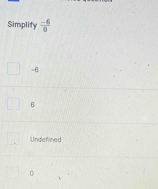 Simplify  (-6)/0 
-6
6
Undefined