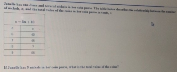 Janelle has one dime and several nickels in her coin purse. The table below describes the relationship between the number
of nickels, π, and the total value of the coins in her coin purse in cents, c.
If Janelle has 8 nickels in her coin purse, what is the total value of the coins?