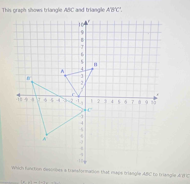 This graph shows triangle ABC and triangle A'B'C'.
A'B'C
(x,y)to (-2x-2y)