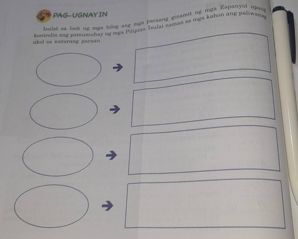 PAG-UGNAYIN 
Isulat sa loob ng mga bilog ang mga paraang ginamit ng mga Espanyol upang 
kontrolin ang pamumuhay ng mga Pilipino. Isulat naman sa mga kahon ang paliwanag 
ukol sa naturang paraan.