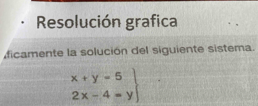 Resolución grafica 
ficamente la solución del siguiente sistema.
.beginarrayr x+y=5 2x-4=yendarray