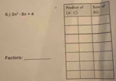 6.) 3n^2-8n+4
Factors:_