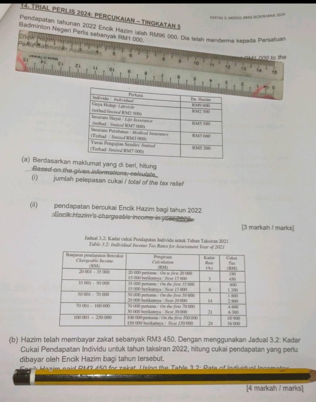 TRIAL PERLIS 2024: PERCUKAIAN - TINGKATAN 5
KERTAS 2: MODUL ARAS SEDERHANA 2024 
Pendapatan tahunan 2022 Encik Hazim ialah RM96 000. Dia telah menderma kepada Persatuan 
Badminton Negeri Perlis sebanyak RM1 000. 
Encli 
Peñis Batmintén As³ 5 6 8 9 10 11 12
UbMB⊥U] GρeW 
Sl 000 to the 
εL l 01 6 8
13 14 15
9 9
ε 
0 
(a) Berdasarkan maklumat yang di beri, hitung 
Based on the given informations, calculate 
(i) jumlah pelepasan cukai / total of the tax relief 
(ii) pendapatan bercukai Encik Hazim bagi tahun 2022 
Encik Hazim's chargeable income in year 202? 
[3 markah / marks] 
Jadual 3.2: Kadar cukai Pendapatan Individu untuk Tahun Taksiran 2021 
Table 3.2: Individual Income Tax Rates for Assessment Year of 2021 
(b) Hazim telah membayar zakat sebanyak RM3 450. Dengan menggunakan Jadual 3.2: Kadar 
Cukai Pendapatan Individu untuk tahun taksiran 2022, hitung cukai pendapatan yang perlu 
dibayar oleh Encik Hazim bagi tahun tersebut. 
R M 3 450 for z akat, U sin g the Table 3 2: Rate of In divid ual n se me t 
[4 markah / marks]