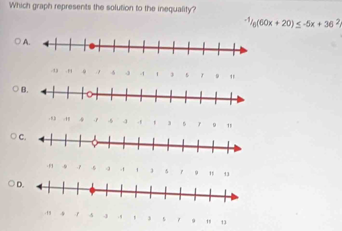 Which graph represents the solution to the inequality?
-1/6(60x+20)≤ -5x+36^2
A.
-13 -11 -9 1 -3 -1 1 3 6 7 0 11
B.
-13 =1, 0 -7 - -3 -1 1 3 5 7 0 11
C.
-11 -9 -7 -6 -3 -1 1 3 5 9 11 13
D.
-1y -0 -7 -5 -3 -1 1 3 5 7 9 11 13