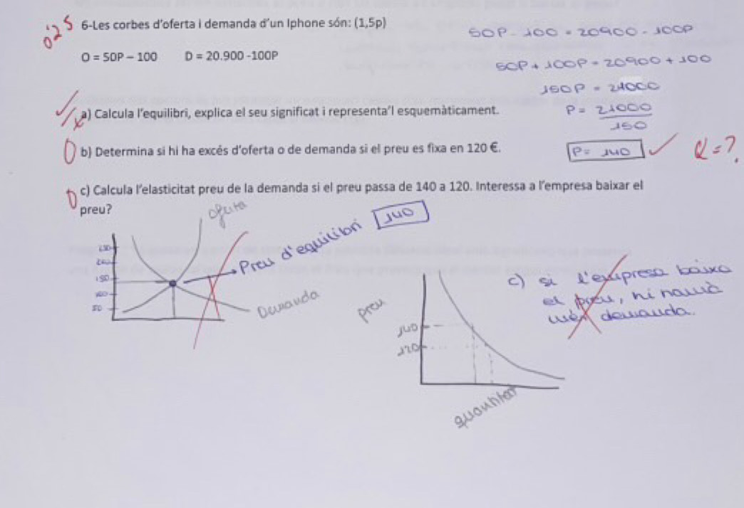 6-Les corbes d'oferta i demanda d'un Iphone són: (1,5p)
O=50P-100 D=20.900-100P
a) Calcula l'equilibri, explica el seu significat i representa'l esquemàticament. 
b) Determina si hi ha excés d'oferta o de demanda si el preu es fixa en 120 €. 
c) Calcula l'elasticitat preu de la demanda si el preu passa de 140 a 120. Interessa a l'empresa baixar el 
preu?