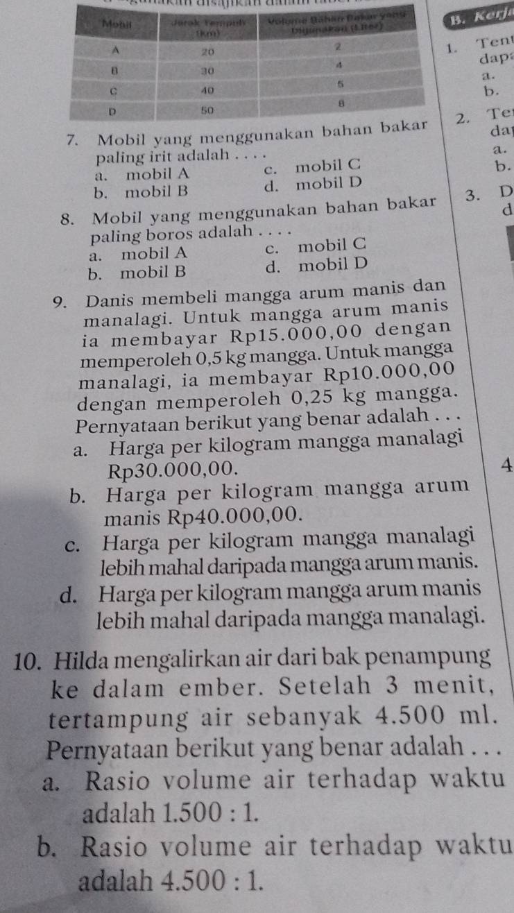 Kerj
. Tent
dap
a.
b.
7. Mobil yang menggunak2. Te
da
paling irit adalah . . .
a.
a. mobil A c. mobil C
b.
b. mobil B d. mobil D
8. Mobil yang menggunakan bahan bakar 3. D
d
paling boros adalah . . . .
a. mobil A c. mobil C
b. mobil B d. mobil D
9. Danis membeli mangga arum manis dan
manalagi. Untuk mangga arum manis
ia membayar Rp15.000,00 dengan
memperoleh 0,5 kg mangga. Untuk mangga
manalagi, ia membayar Rp10.000,00
dengan memperoleh 0,25 kg mangga.
Pernyataan berikut yang benar adalah . . .
a. Harga per kilogram mangga manalagi
Rp30.000,00.
4
b. Harga per kilogram mangga arum
manis Rp40.000,00.
c. Harga per kilogram mangga manalagi
lebih mahal daripada mangga arum manis.
d. Harga per kilogram mangga arum manis
lebih mahal daripada mangga manalagi.
10. Hilda mengalirkan air dari bak penampung
ke dalam ember. Setelah 3 menit,
tertampung air sebanyak 4.500 ml.
Pernyataan berikut yang benar adalah . . .
a. Rasio volume air terhadap waktu
adalah 1.500:1.
b. Rasio volume air terhadap waktu
adalah 4.500:1.