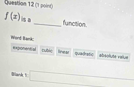 f(x) is a
_function.
Word Bank:
exponential cubic linear quadratic absolute value
Blank 1: □