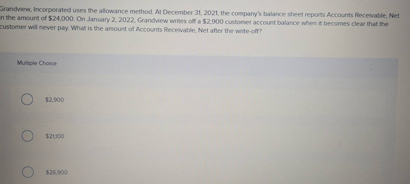 Grandview, Incorporated uses the allowance method. At December 31, 2021, the company’s balance sheet reports Accounts Receivable, Net
n the amount of $24,000. On January 2, 2022, Grandview writes off a $2,900 customer account balance when it becomes clear that the
customer will never pay. What is the amount of Accounts Receivable, Net after the write-off?
Multiple Choice
$2,900
$21,100
$26,900