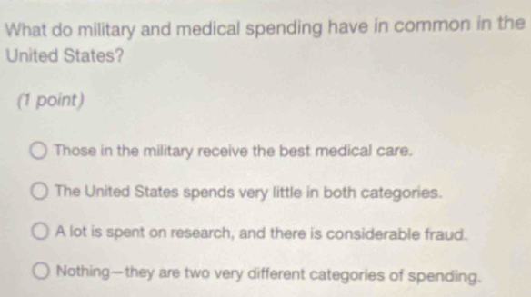 What do military and medical spending have in common in the
United States?
(1 point)
Those in the military receive the best medical care.
The United States spends very little in both categories.
A lot is spent on research, and there is considerable fraud.
Nothing—they are two very different categories of spending.