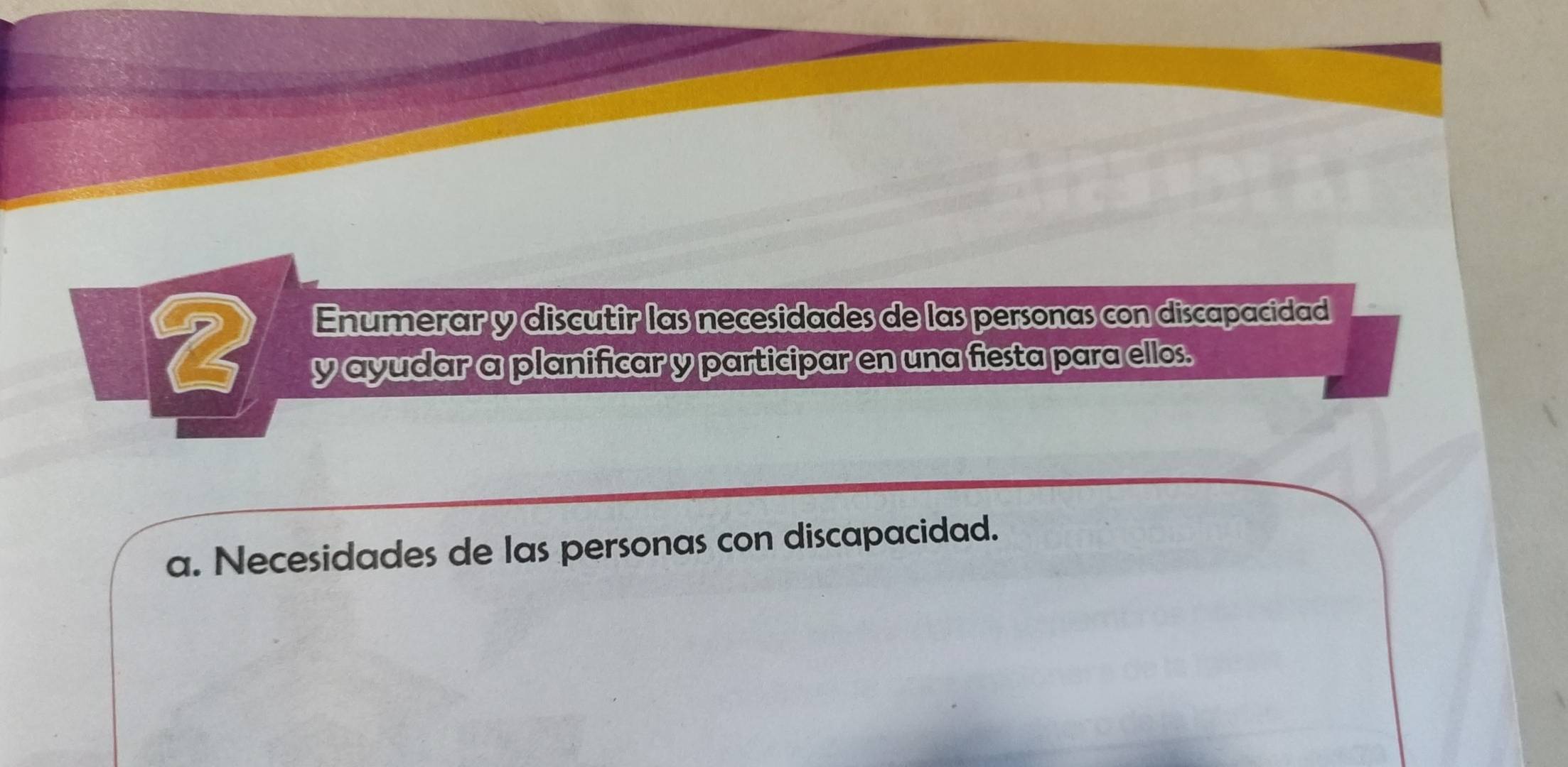 Enumerar y discutir las necesidades de las personas con discapacidad 
y ayudar a planificar y participar en una fiesta para ellos. 
a. Necesidades de las personas con discapacidad.