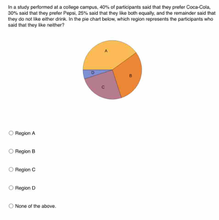 In a study performed at a college campus, 40% of participants said that they prefer Coca-Cola,
30% said that they prefer Pepsi, 25% said that they like both equally, and the remainder said that
they do not like either drink. In the pie chart below, which region represents the participants who
said that they like neither?
Region A
Region B
Region C
Region D
None of the above.