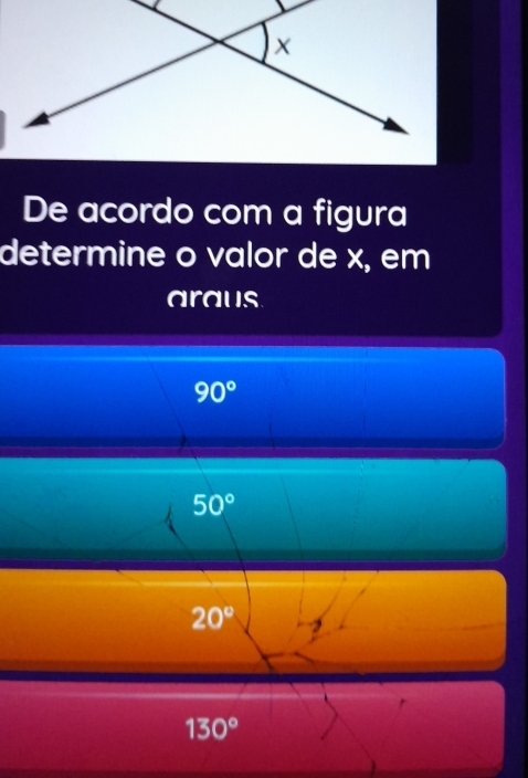 De acordo com a figura
determine o valor de x, em
araus
90°
50°
20°
130°