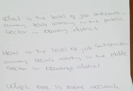 what is the level of job satstoot. 
auons HOWs worlcly in the public 
sector in occvens dstnict 
How is the level of job sarstactic 
awy Hews workng in the public 
sector u occuango districl 
WheL one is more occurate