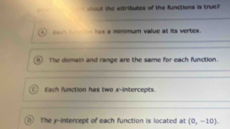 about the attributes of the functions is true?
A Bach function has a minimum value at its vertex.
The domain and range are the same for each function.
ar Each function has two x-intercepts.
o The y-intercept of each function is located at (0,-10).