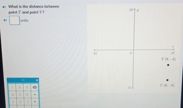 What is the distance between
point T and point V?
1) □ unit...
7 8 9 
4 5 6
1 2 3