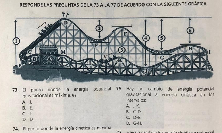 RESPONDE LAS PREGUNTAS DE LA 73 A LA 77 DE ACUERDO CON LA SIGUIENTE GRÁFICA
73. El punto donde la energía potencial 76. Hay un cambio de energía potencial
gravitacional es máxima, es : gravitacional a energía cinética en los
A. J. intervalos:
B. E. A. J-K.
C. I. B. C-D.
D. .D.
C. D-E.
D. G-H.
74. El punto donde la energía cinética es mínima
77 Hav un cambio de energía