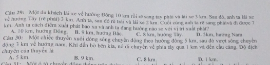 Một du khách lái xe về hướng Đông 10 km rồi rẽ sang tay phái và lái xe 3 km. Sau đô, anh ta lái xe
về hướng Tây (rẽ phải) 3 km. Anh ta, sau đó rẽ trải và lái xe 2 km. Cuối cùng anh ta rẽ sang pháivà đi được 7
km. Anh ta cách điểm xuất phát bao xa và anh ta đang hướng nào so với vị trí xuất phát?
A. 10 km, hướng Đông. B. 9 km, hướng Bắc. C. 8 km, hướng Tây. D. 5km, hướng Nam
Câu 30: Một chiếc thuyển xuôi dòng sông chuyển động theo hướng đông 5 km, sau đỏ vượt sông chuyền
động 3 km về hướng nam. Khi đến bờ bên kia, nó di chuyên về phía tây qua 1 km và đến cầu căng. Độ dịch
chuyền của thuyền là B. 9 km. C. 8 km.
A. 5 km.
Câu 31 : Một ố tổ chyễn đông D. 1 km.