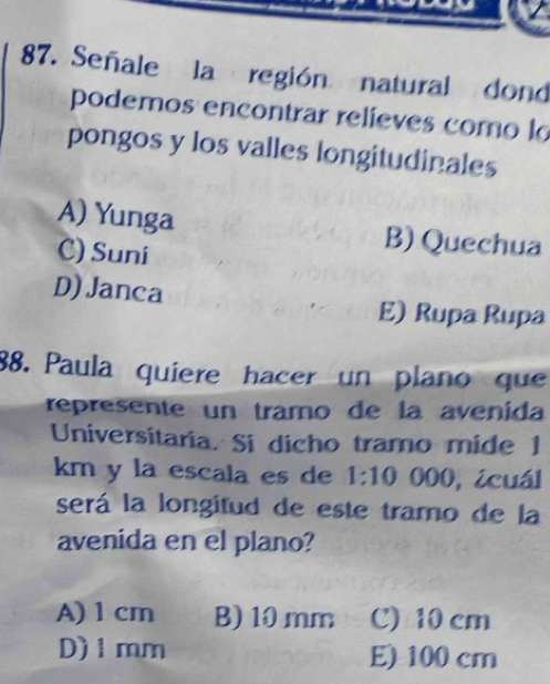 Señale la región natural dond
podemos encontrar relíeves como la
pongos y los valles longitudinales
A) Yunga B) Quechua
C) Suni
D) Janca
E) Rupa Rupa
88. Paula quiere hacer un plano que
represente un tramo de la avenida
Universitaria. Si dicho tramo mide 1
km y la escala es de 1:10 000, icuál
será la longitud de este tramo de la
avenida en el plano?
A) 1 cm B) 10 mm C) 10 cm
D) 1mm E) 100 cm