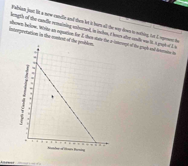 Fabian just lit a new candle and then let it burn all the way down to nothing. Let L represent the 
length of the candle remaining unburned, in inches, t hours after candle was lit. A graph of L is 
interpretation in the context of the problem. shown below. Write an equation for L then state the z -intercept of the graph and determine it 
Answer Mrmpt a ot of a