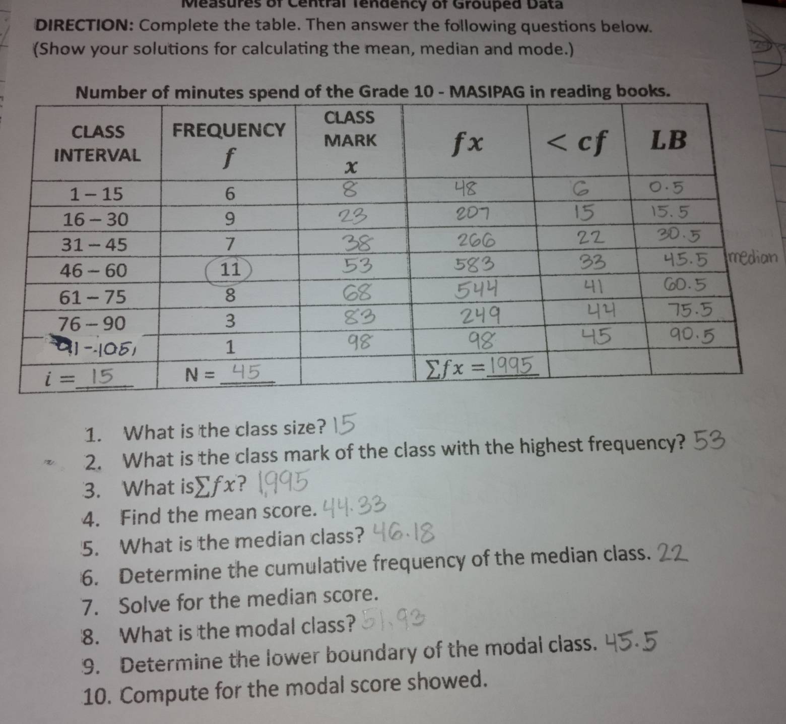 Measures of Central Tendency of Grouped Data
DIRECTION: Complete the table. Then answer the following questions below.
(Show your solutions for calculating the mean, median and mode.)
1. What is the class size?
2. What is the class mark of the class with the highest frequency?
3. What is≌fx?
4. Find the mean score.
5. What is the median class?
6. Determine the cumulative frequency of the median class.
7. Solve for the median score.
8. What is the modal class?
9. Determine the lower boundary of the modal class.
10. Compute for the modal score showed.