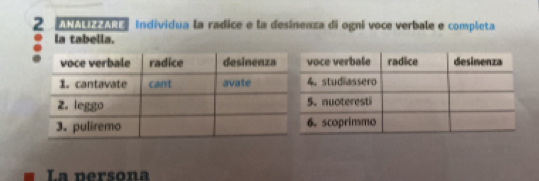 1 #022 Individua la radice e la desinenza di ogni voce verbale e completa 
la tabella. 
La nersona