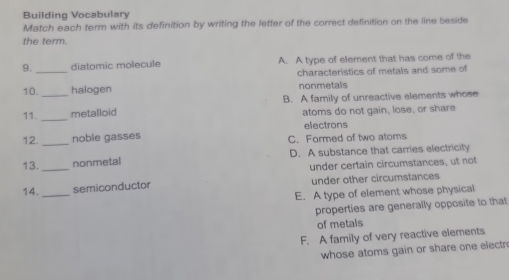 Building Vocabulary
Match each term with its definition by writing the letter of the correct definition on the line beside
the term.
9. _diatomic molecule A. A type of element that has come of the
characteristics of metals and some of
10._ halogen nonmetals
11. _metalloid B. A family of unreactive elements whose
atoms do not gain, lose, or share
electrons
12._ noble gasses C. Formed of two atoms
13._ nonmetal D. A substance that carries electricity
under certain circumstances, ut not
14. _semiconductor under other circumstances
E. A type of element whose physical
properties are generally opposite to that
of metals
F. A family of very reactive elements
whose atoms gain or share one electr