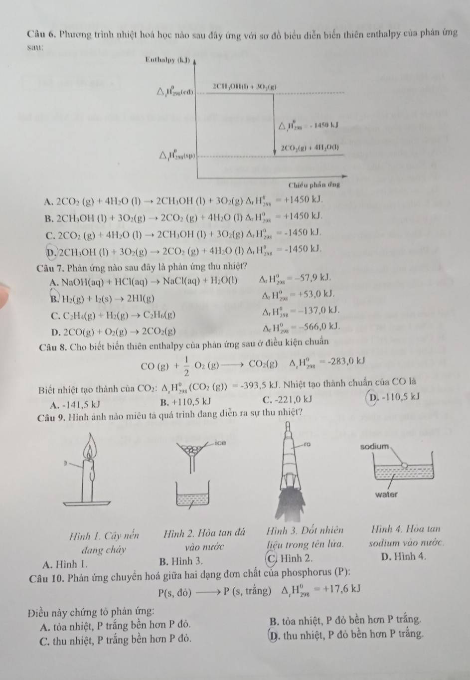 Phương trình nhiệt hoá học nào sau đây ứng với sơ đồ biểu diễn biến thiên enthalpy của phán ứng
sau:
Enthalpy (kJ)
△ _1H_(295)^o(cd) 2CH_3OH(l)+3O_2(g)
△ mu _(299)^9=-1450kJ
△ _1H_(298)^o(sp)
2CO_2(g)+4H_2O(l)
Chiều phần ứng
A. 2CO_2(g)+4H_2O(l)to 2CH_3OH(l)+3O_2(g)△ _rH_(298)^o=+1450kJ.
B. 2CH_3OH(l)+3O_2(g)to 2CO_2(g)+4H_2O(l) △ _rH_(298)^o=+1450kJ.
C. 2CO_2(g)+4H_2O(l)to 2CH_3OH(l)+3O_2(g) △ _rH_(298)^0=-1450kJ.
D. 2CH_3OH(l)+3O_2(g)to 2CO_2(g)+4H_2O (1) △ _rH_(298)^o=-1450kJ.
Câu 7. Phản ứng nào sau đây là phản ứng thu nhiệt?
A. NaOH(aq)+HCl(aq)to NaCl(aq)+H_2O(l) ^, H_(298)^0=-57,9kJ.
B. H_2(g)+I_2(s)to 2HI(g)
H_(298)^(θ)=+53,0kJ.
C. C_2H_4(g)+H_2(g)to C_2H_6(g)
H_(298)^0=-137,0kJ.
D. 2CO(g)+O_2(g)to 2CO_2(g)
Ar H_(298)^0=-566,0kJ.
Câu 8. Cho biết biển thiên enthalpy của phản ứng sau ở điều kiện chuẩn
CO(g)+ 1/2 O_2(g)to CO_2(g)△ _1H_(298)^0=-283,0kJ
Biết nhiệt tạo thành của CO_2:△ _1H_(298)^0(CO_2(g))=-393.5kJ T. Nhiệt tạo thành chuẩn của CO là
A. -141,5 kJ B. +110,5 kJ C. -221,0 kJ D. -110,5 kJ
Câu 9. Hình ảnh nào miêu tá quá trình đang diễn ra sự thu nhiệt?
ro sodium
water
Hình 1. Cây nhat en Hình 2. Hòa tan đá Hình 3. Đốt nhiên Hình 4. Hòa tan
đang cháy vào nước  liệu trong tên lửa. sodium vào nước.
A. Hình 1. B. Hình 3. C. Hình 2. D. Hình 4.
Câu 10. Phản ứng chuyền hoá giữa hai dạng đơn chất của phosphorus (P):
P(s,do)to P (s, trắng) △ _rH_(298)^0=+17,6kJ
Điều này chứng tỏ phản ứng:
A. tỏa nhiệt, P trắng bền hơn P đỏ. B. tỏa nhiệt, P đỏ bền hơn P trắng.
C. thu nhiệt, P trắng bền hơn P đỏ. D. thu nhiệt, P đỏ bền hơn P trắng.