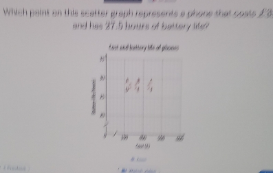 Which paint on this scatter graph represents a phone that costs £ 3
and has 37.5 hours of bettery lite? 
Last and bettery life of phone
39
D
39 9. 
# Freatie