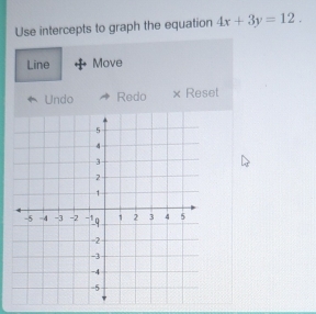 Use intercepts to graph the equation 4x+3y=12. 
Line Move 
Undo Redo × Reset