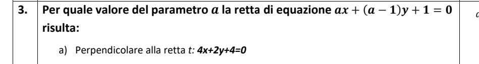 Per quale valore del parametro á la retta di equazione ax+(a-1)y+1=0
risulta:
a) Perpendicolare alla retta t: 4x+2y+4=0