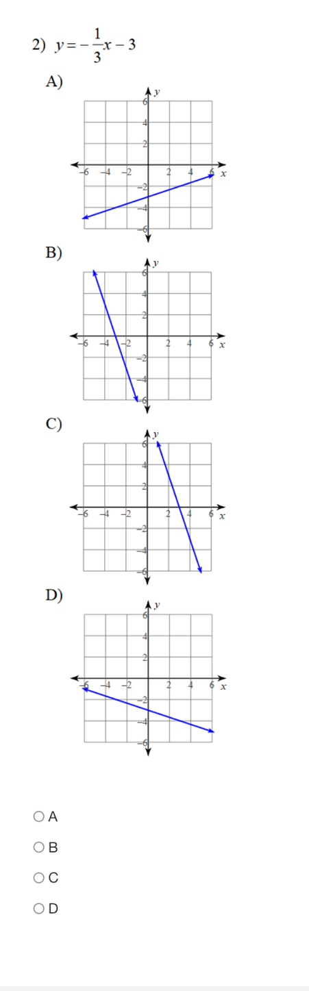 y=- 1/3 x-3
A)
B)
C)
D
A
B
C
D