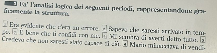 Fa’ l’analisi logica dei seguenti periodi, rappresentandone gra- 
ficamente la struttura. 
⊥ Era evidente che c’era un errore. ② Sapevo che saresti arrivato in tem- 
po. ③ È bene che ti confidi con me. ④ Mi sembra di averti detto tutto. § 
Credevo che non saresti stato capace di ciò. § Mario minacciava di vendi-