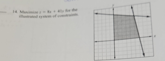 Maximize z=8x+41y for the 
illustrated system of constraints.