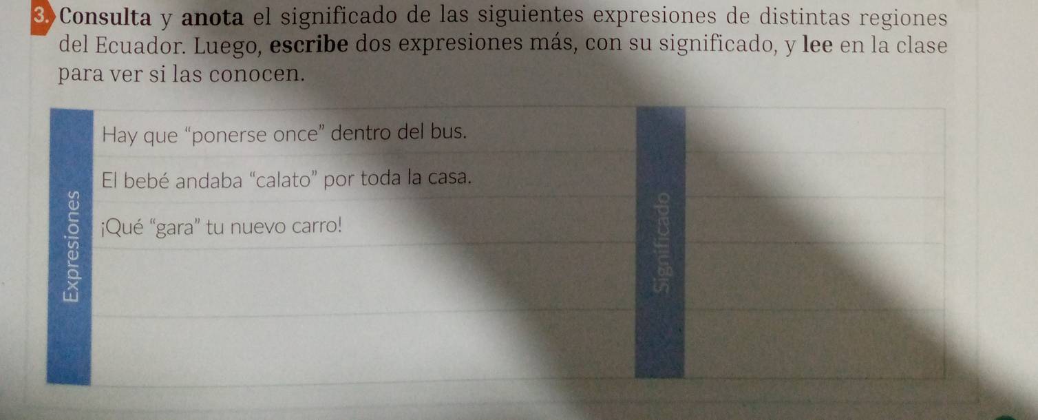 3)Consulta y anota el significado de las siguientes expresiones de distintas regiones 
del Ecuador. Luego, escribe dos expresiones más, con su significado, y lee en la clase 
para ver si las conocen. 
Hay que “ponerse once” dentro del bus. 
El bebé andaba “calato” por toda la casa. 
¡Qué “gara” tu nuevo carro!