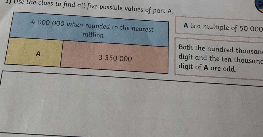 Use the clues to find all five possible valu 
s a multiple of 50 000
the hundred thousan 
and the ten thousand 
of A are odd.