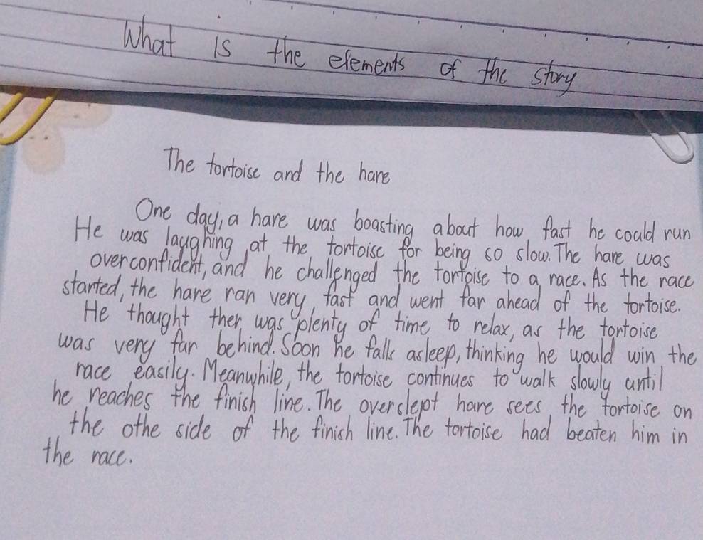 What is the elements of the story 
The fortoise and the have 
One day, a have was boasting about how, fast he could run 
He was laughing at the fortoise for being so slow. The have was 
overconfident, and he challenged the forrpise to a race. As the race 
started, the have ran very fast and went far ahead of the fortoise. 
He thought ther was polenty of time to relax, as the tontoise 
was very far behind. Soon he fall asleep, thinking he would win the 
race easily. Meanwhile, the tontoise continues to walk slowly until 
he reaches the finish line. The overslept have sees, the fortoise on 
the othe side of the finish line. The tortoise had beaten him in 
the race.