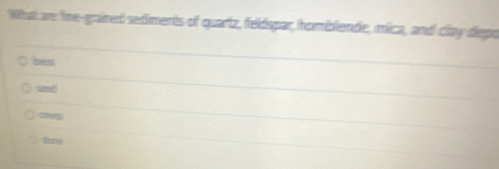 What ae fine-goined sediments of quartz, feldspar, hombiende, mica, and clay depo
isens
fime