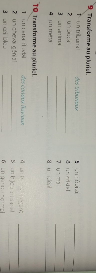 Transforme au pluriel. 
T un tribunal des tribunaux 5 un hôpital 
_ 
_ 
2 un bocal _6 un cristal 
3 un animal _7 un mal 
_ 
_ 
4 un métal _8 un idéal 
10 Transforme au pluriel. 
1 un canal fluvial des canaux fluviaux 4 un trasall fatigant_ 
2 un cheval génial _5 un bijou artisanal_ 
3 un œil bleu _6 un genou normal