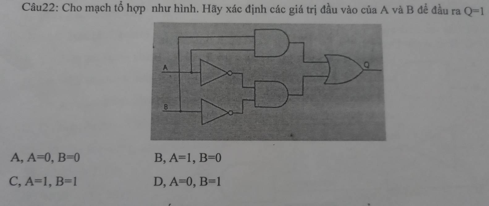 Cho mạch tổ hợp như hình. Hãy xác định các giá trị đầu vào của A và B để đầu ra Q=1
A, A=0, B=0 B, A=1, B=0
C, A=1, B=1 D, A=0, B=1