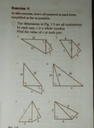 In this exercise, leave all answers in surd form. 
simplified as far as possible. 
The dimensions in Fig. 1.9 are all centimetres. 
In each case, s is a whole number. 
Find the value of x in each part. 
.
6
1 s
3.